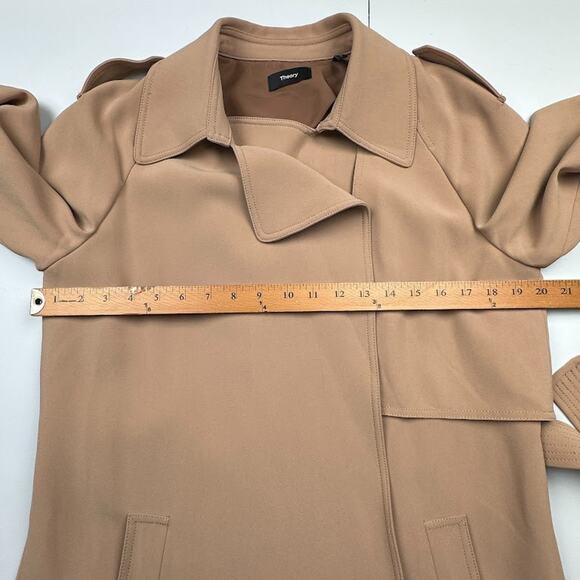 Theory Trench Coat Women Large Tan Overcoat Quiet Luxury Career Preppy Neutral - Picture 13 of 16